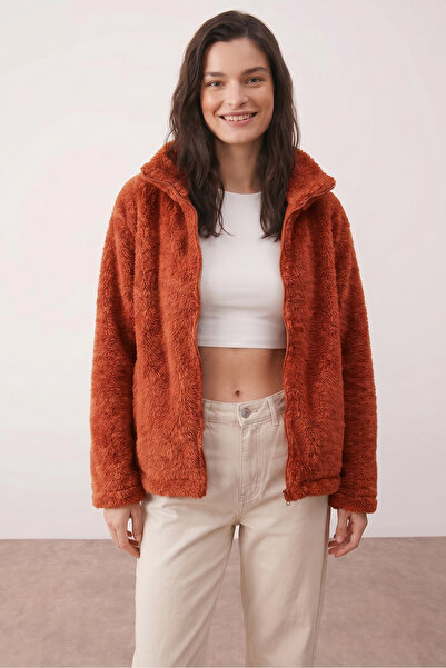 Purpleclo Kadın Oversize Fermuarlı Teddy Peluş Hırka