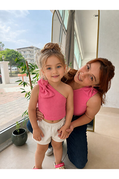 HEREN Kız Çocuk Pembe Fiyonklu Tek Omuz Crop Bluz %100 Pamuklu Fitilli Esnek ...