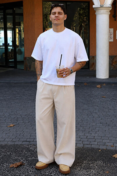 Madmext Beigefarbene Herrenhose mit weitem Bein und Bindebändern E7403