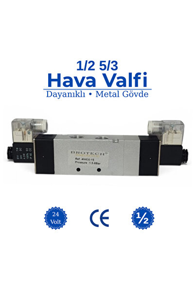 BROTECH 24V DC 1/2- 5/3 Çift Bobinli Pnömatik Solenoid Valf 1/2"- Üç Konumlu Hava Valfi