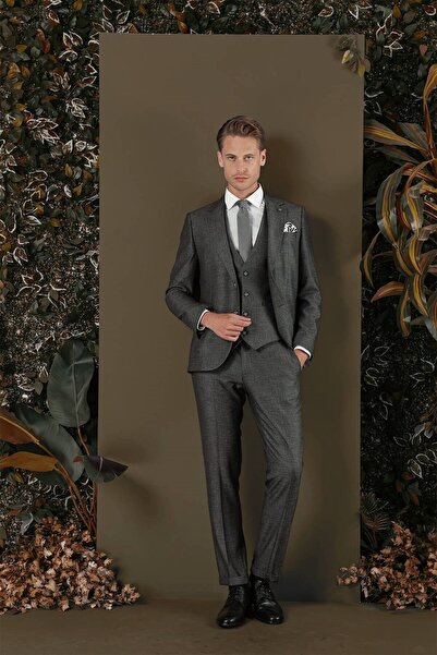 Efor Slim Fit Çift Yırtmaç Esnek Kırçıllı Füme Yelekli Takım Elbise TK 876