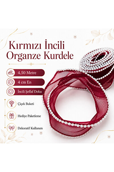 Mutkin Kırmızı İncili Organze Kurdele Şeffaf İnci Kenarlı Hediye Paketi Çiçek...