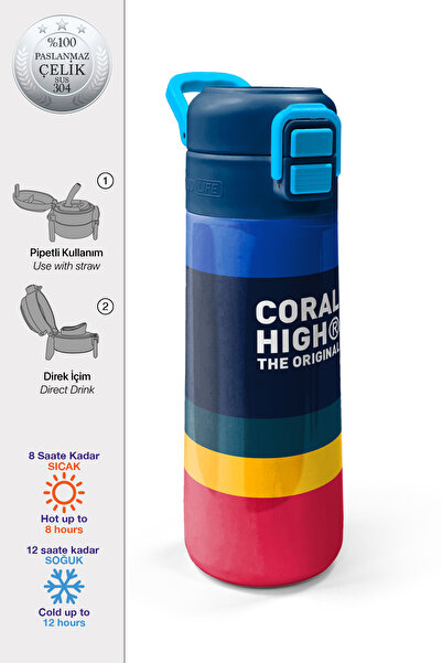 Coral High Kids Colorful Line Patterned Steel Thermos with Straw and Direct D...