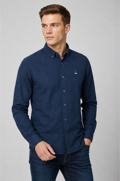 FSR FUSARO Lacivert %100 Pamuk Slim Fit Düğmeli Yaka Erkek Gömlek - Kolay Ütü...