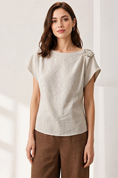 İnouveaue Bej Bisiklet Yaka Aksesuar Detaylı Bluz