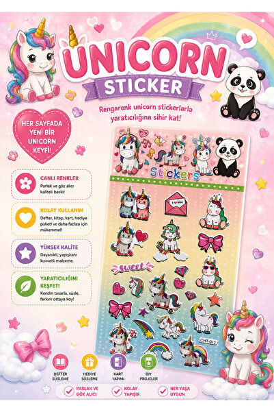 Pembe Pasaj Unicorn Sticker - Kız Çocuklar İçin Kabartmalı Sticker Etiket