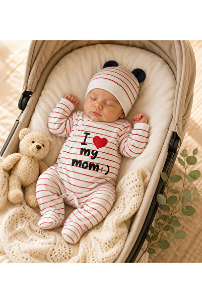 BYMURAT BABY 2'li Hastane Çıkışı Bebek Tulum Seti - Şapkalı I Love My Mom Bas...