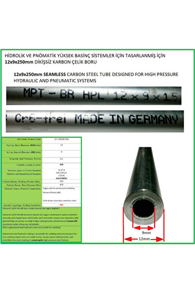 BENTELER 12x9x250mm 350Bar GALV HİDROLİK PNÖMATİK BORU, GALVANİZLİ YÜKSEK BAS...