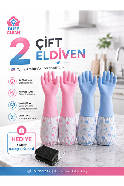 DUFF CLEAN L BEDEN 2 Çift Uzun Kollu Bulaşık Eldiveni + Sünger Hediyeli