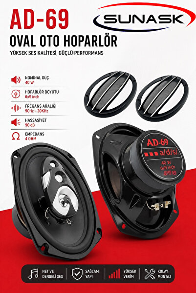 SUNASK Sn-6369 1000 Watt Tweeter’li Uyumlu Oto Oval Hoparlör Modeli 2 Adet Ka...