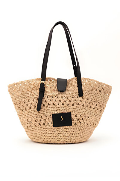 Santini Collection Women's Handbag Shoulder Bag Straw Bag Genuine Leather Han...