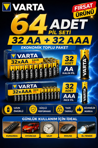 ANI OFİS KIRTASİYE A K AA + AAA Pil 64'lı Set (32 AA + 32 AAA) 1.5V – Ekonomi...