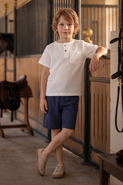Fulla Moda Half Buttoned Muslin Fabric Boys' 2-Piece Set