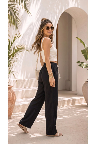 BADESSA Women's Black Linen Look Premium Textured High Waist Palazzo Trousers with Wide Legs