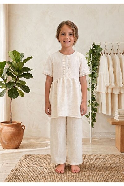 UHDE STORE Kız Çocuk Müslin Tesettür Tunik Pantolon Takım Dantel Detaylı