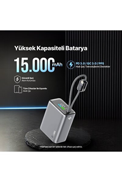 Ttec ReCharger Pro TFT 15.000mAh PD 20W USB-C ve Lightning Dahili Kablolu Taşınabilir Hızlı Şarj Aleti Powerbank 2BB280UG