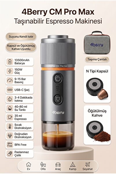 4 Berry CM Pro Max Çantalı Taşınabilir Şarjlı Espresso Makinesi - Kapsül Ve T...