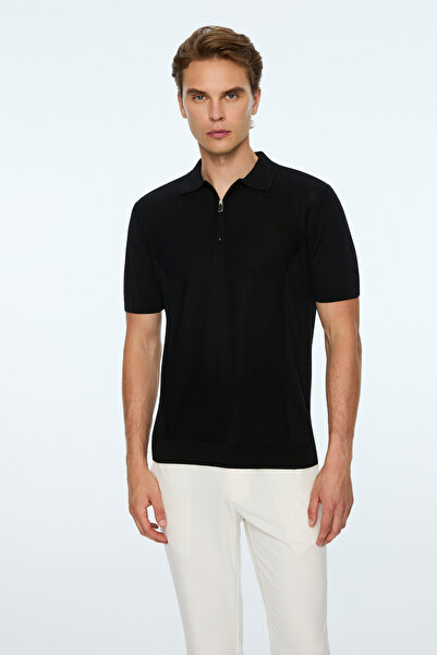 Morven Men's Black Trendy Polo Collar Rayon Knitwear T-Shirt