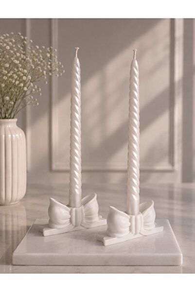 No12 Studio 2li Dekoratif Fiyonk Mumluk - Beyaz