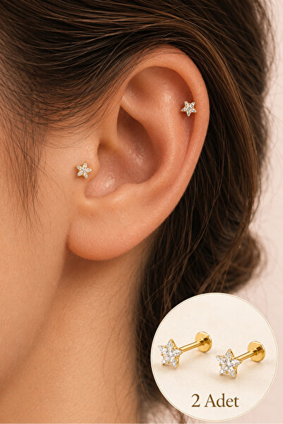 moonzy - minimalist & cozy 2’li Set Yıldız Tektaş Piercing 316L Çelik 4 mm Ta...