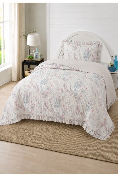 LALHOME Flowers Single Bedspread Set 180X240Cm - with Flounce and Pillows, 100% Polyester, Modern Blue Pink