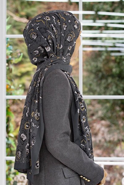Vissona KREP ÇİÇEKLİ FÜME - BEJ RENKLİ 75X195 KIRIŞMAZ ŞAL