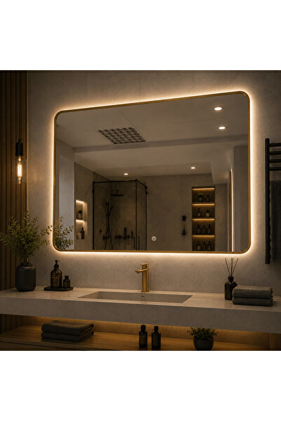 LedCorp Oglindă LED pătrată premium 80×80 cm, ramă aurie, 3 tipuri de lumină ...