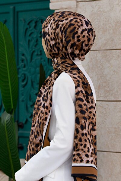 Vissona KREP LEOPAR DESENLİ TABA RENKLİ 75X195 KIRIŞMAZ ŞAL