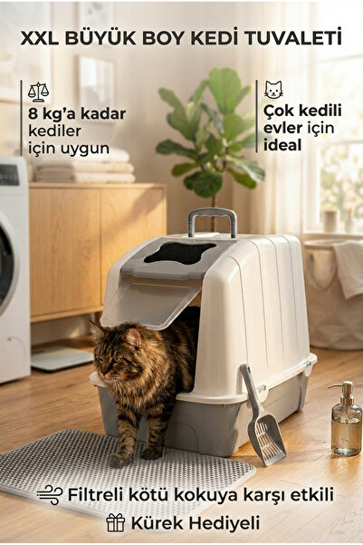 Kurtbay Şekil XXL Büyük Boy Kapalı Kedi Tuvaleti, Filtreli ve Kürek Hediyeli,...