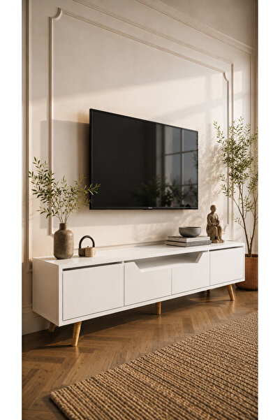 VM VERTEX MOBİLYA Roma Ahşap Ayaklı Tv Ünitesi Tv Sehpası Beyaz