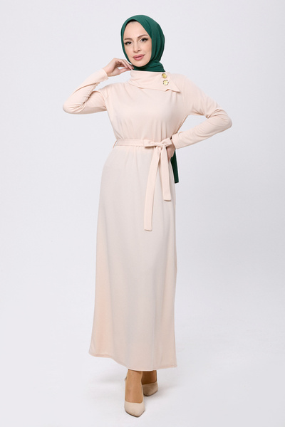 TOFİSA 13080-Beige Belted Hijab Dress with Accessory Detail on the Collar