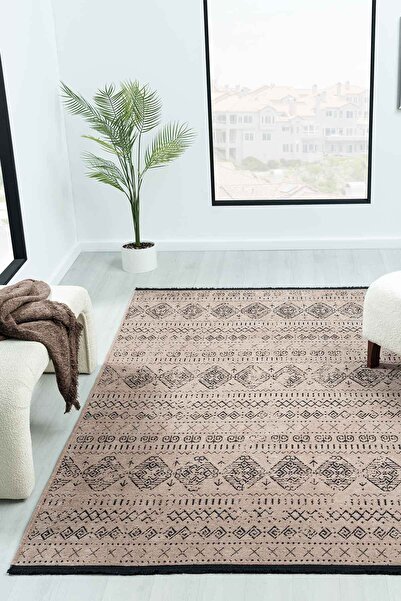 VİTALİHOME Gaia Bej Halı Yıkanabilir Kaymaz Taban Şönil Kilim Dokuma Pamuk Ta...