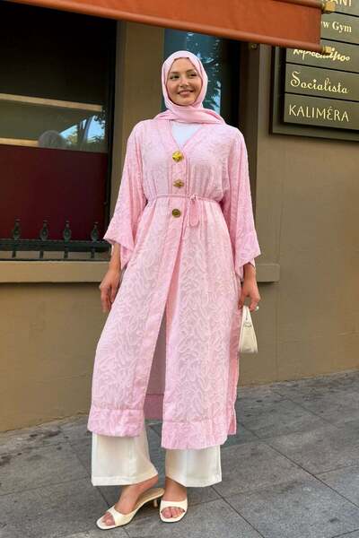 Modaensarbutik Gold Düğmeli Kumaş Kendinden Desenli Kimono-PEMBE