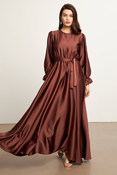 VAVİNOR Liza Belted Satin Dress - Brown