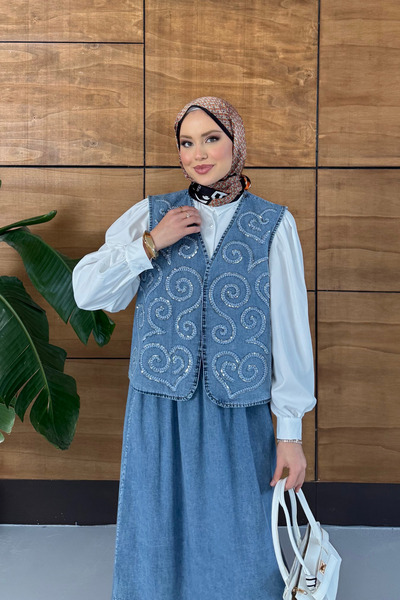 Miss Allos Set de blugi cu fustă și vestă brodate pentru femei