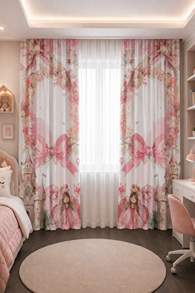 HOMESSA Girl's Room Double Winged Background Curtain Castle Bow Princess Patt...