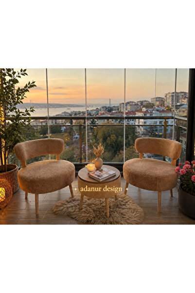 ADANUR DESIGN Lara Çay Seti İkili Koltuk Berjer ve Puf Takımı 3 lü Takım (Bal...