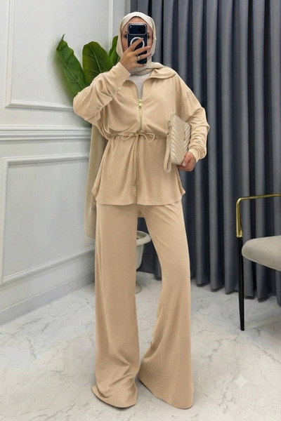 Mogi Butik طقم نسائي كبير الحجم بسحاب وربطة خصر من قماش المودال 3184 بسكويت -...
