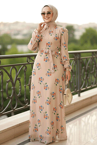 Neva Style Çiçek Desenli Bej Tesettür Elbise 27935BEJ
