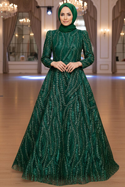 Neva Style Boncuk İşlemeli Yeşil Tesettür Abiye Elbise 22661Y