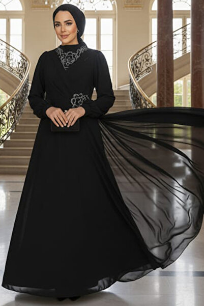 Neva Style Boncuk İşlemeli Siyah Tesettür Abiye Elbise 25882S