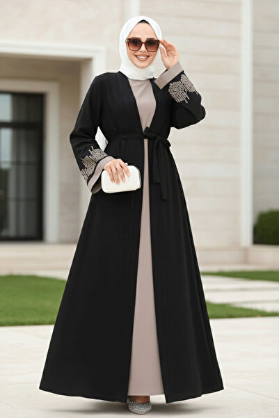 Neva Style Nakış Desenli Siyah Tesettür Abaya Takım 29128S