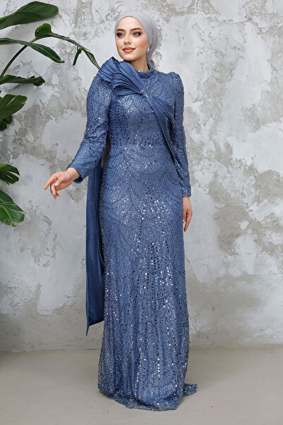 Neva Style Boncuk İşlemeli İndigo Mavisi Tesettür Abiye Elbise 50541IM
