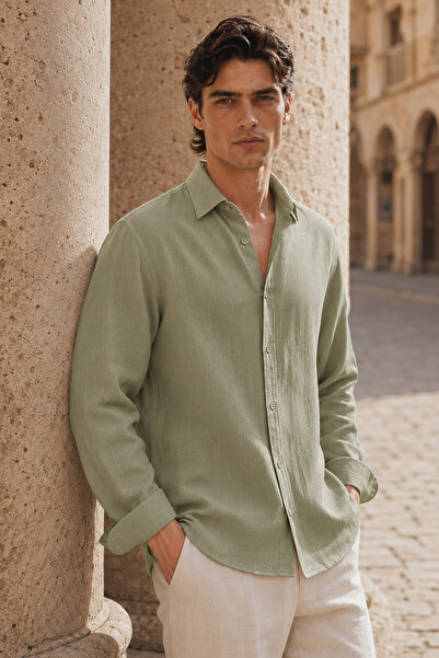 Etikmen Khaki Regular Fit Muslin Shirt