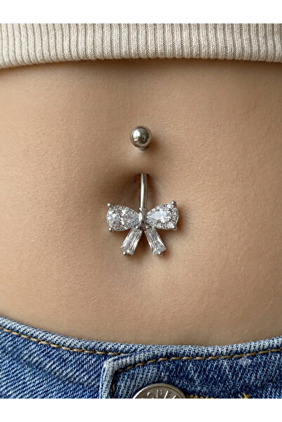 kurukafagift Çelik Göbek Piercing Beyaz Taşlı Kurdele Minimal Model
