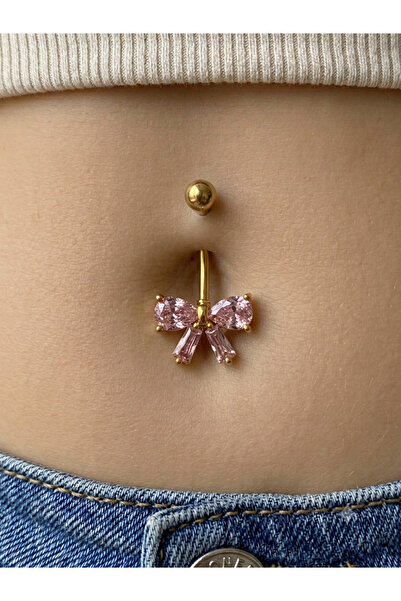 kurukafagift Göbek Çelik Piercing Pembe Fiyonk Model