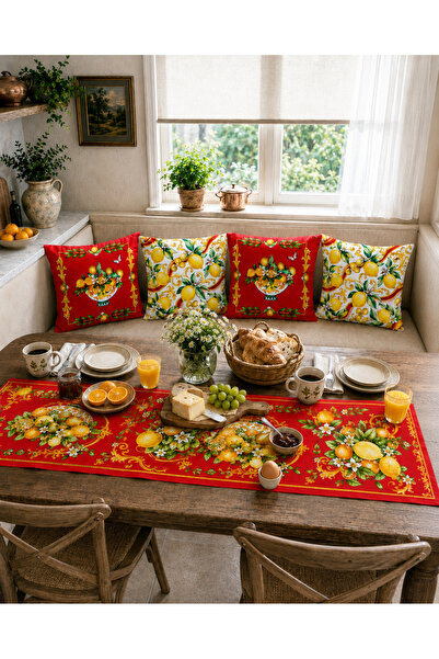 Bebişim Halı Red Lemon and Orange Patterned Runner and Set of 4 Throw Pillow ...