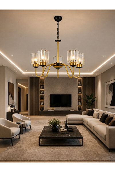 ESSLİGHT Lumina 5’li Eskitme Kristal Taşlı Salon Mutfak Yatak Odası Avizesi