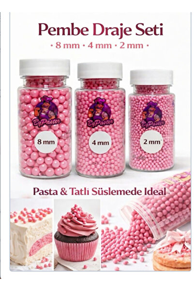 By Paster ByPaster Pembe Draje Seti 3’lü (8 mm – 4 mm – 2 mm) 50 gr Pasta Süs...