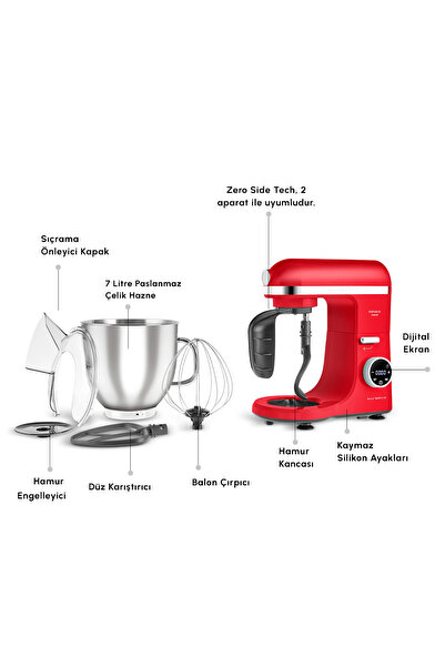 Karaca Mastermaid Chef Ultra D2000W Dijital Ekranlı Hamur Yoğurma Makinesi Imperial Red 7L